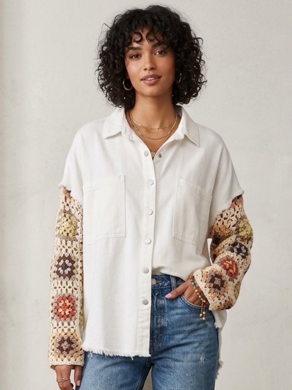 NWT POL White Button-Up Shirt with Crochet Granny Square Sleeves
